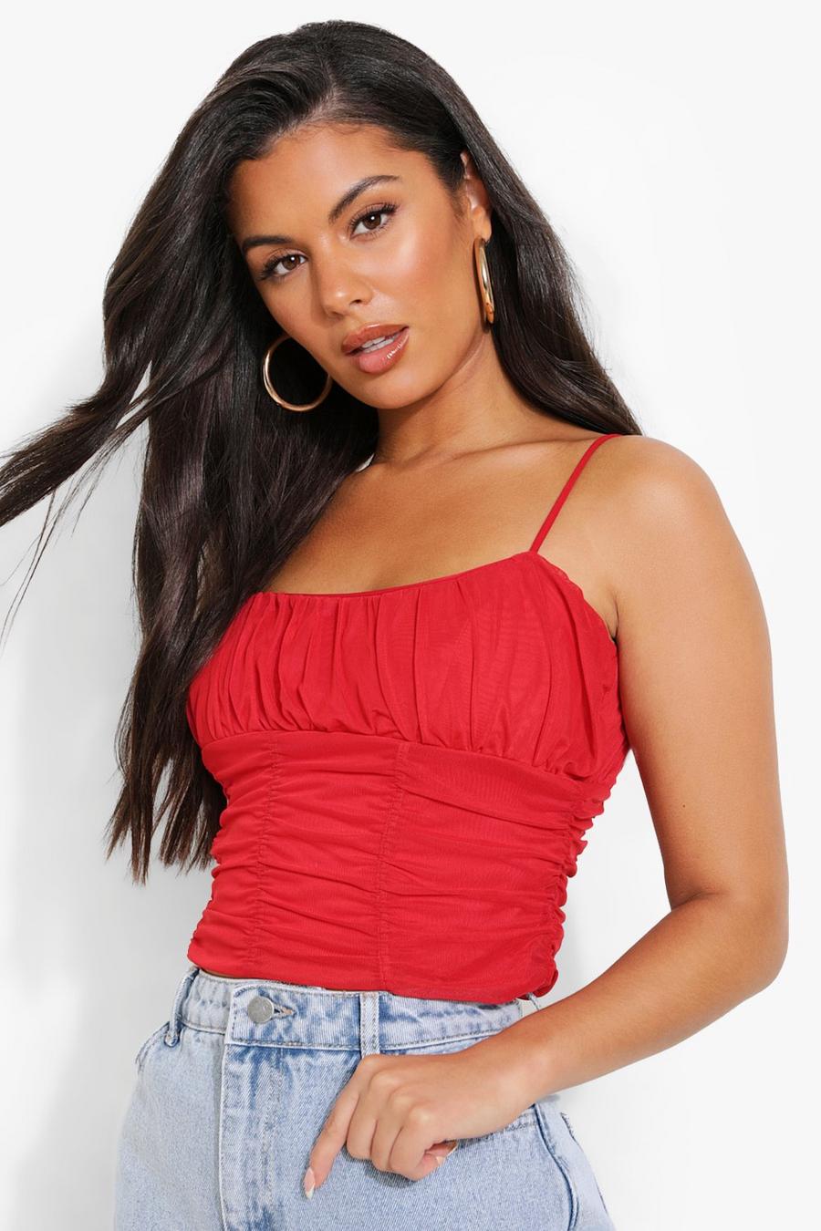 Red Mesh Panelled Detail Cami Top image number 1