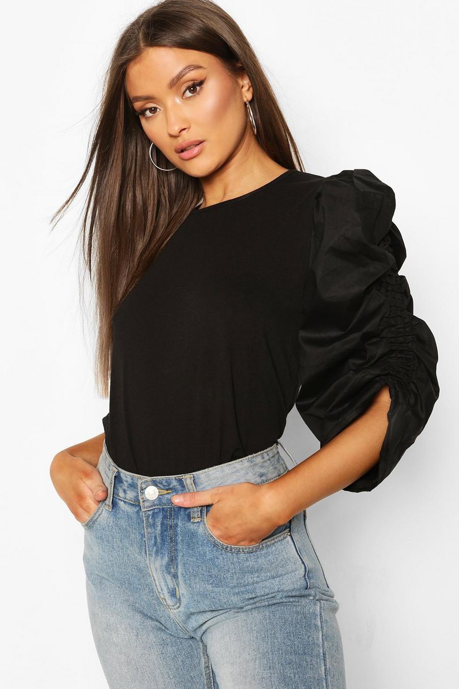 Black Cotton Puff Sleeve T-Shirt image number 1