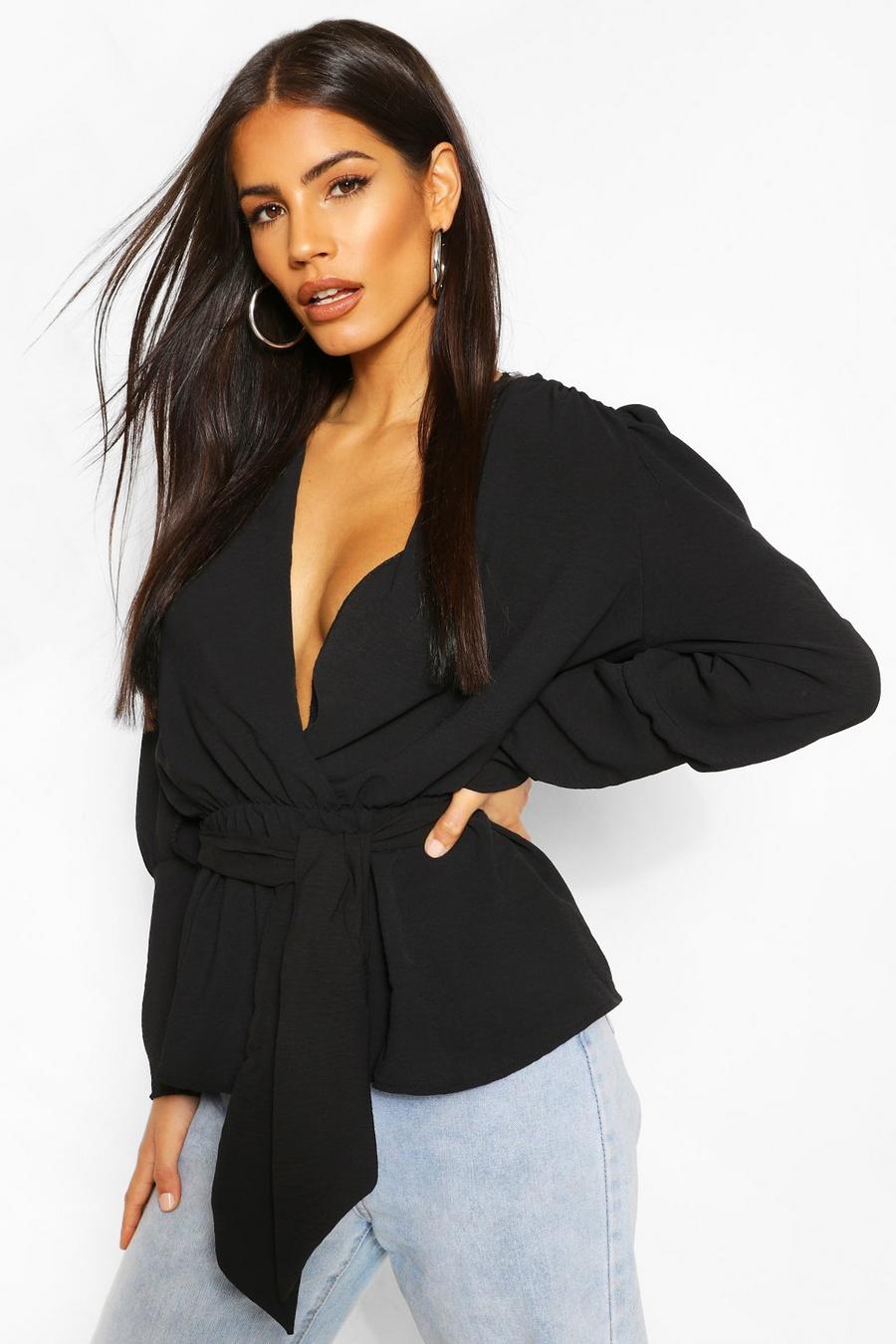 Black Puff Sleeve Wrap Blouse image number 1