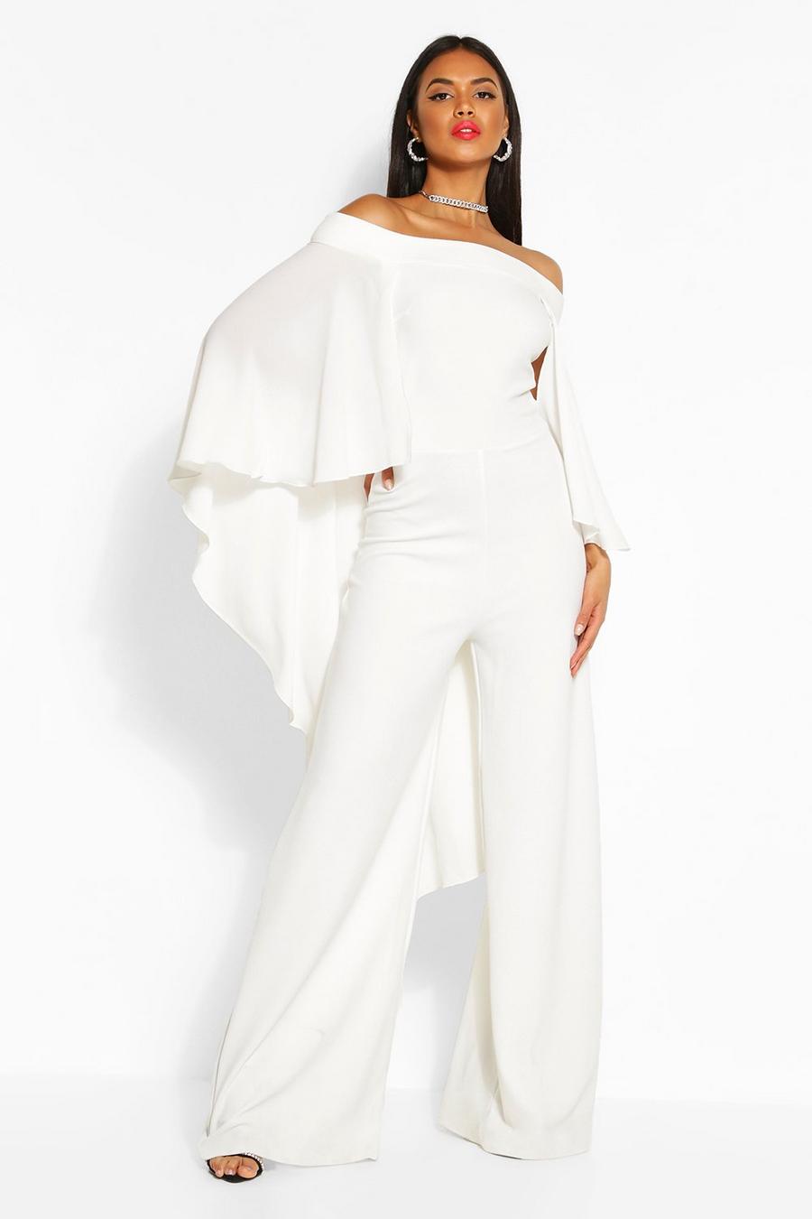Cream white Off The Shoulder Wide Leg Extreme Cape Jumpsuit image number 1