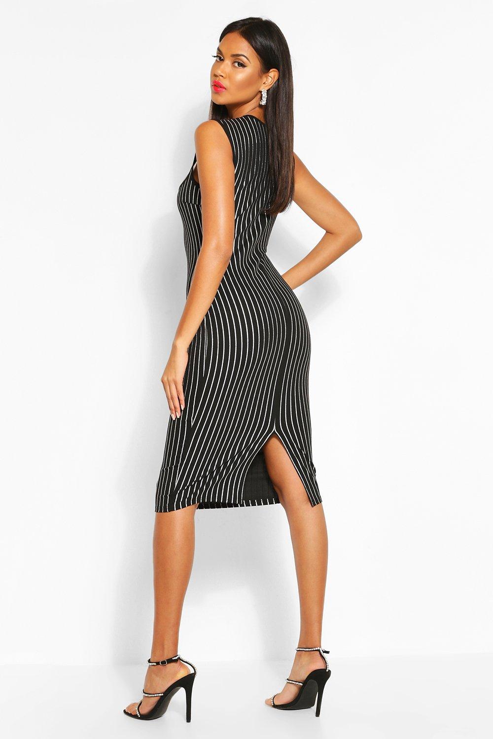 Metallic Pinstripe Square Neck Midi Dress