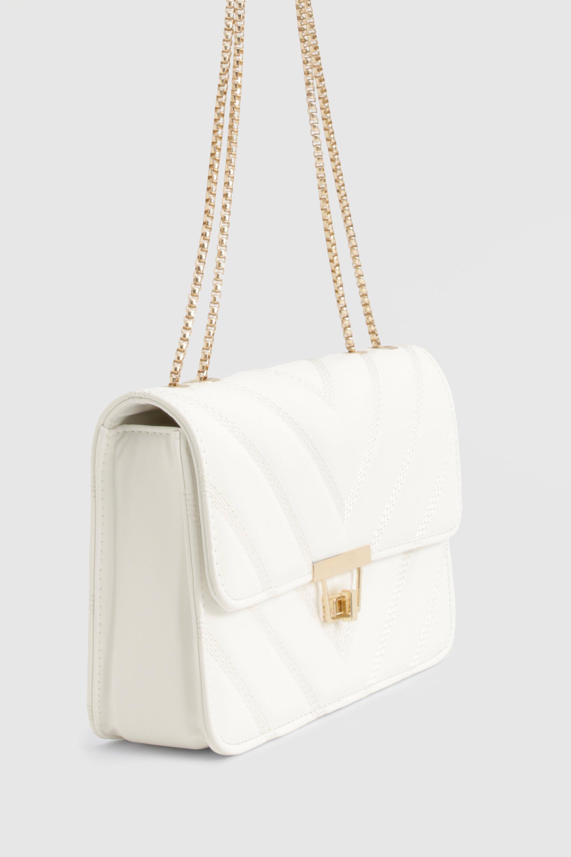 White Leather-Look Quilted Chain Strap Cross Body Bag