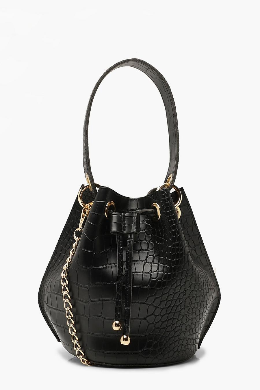 Black noir Handle Detail Croc Cross Body Bag