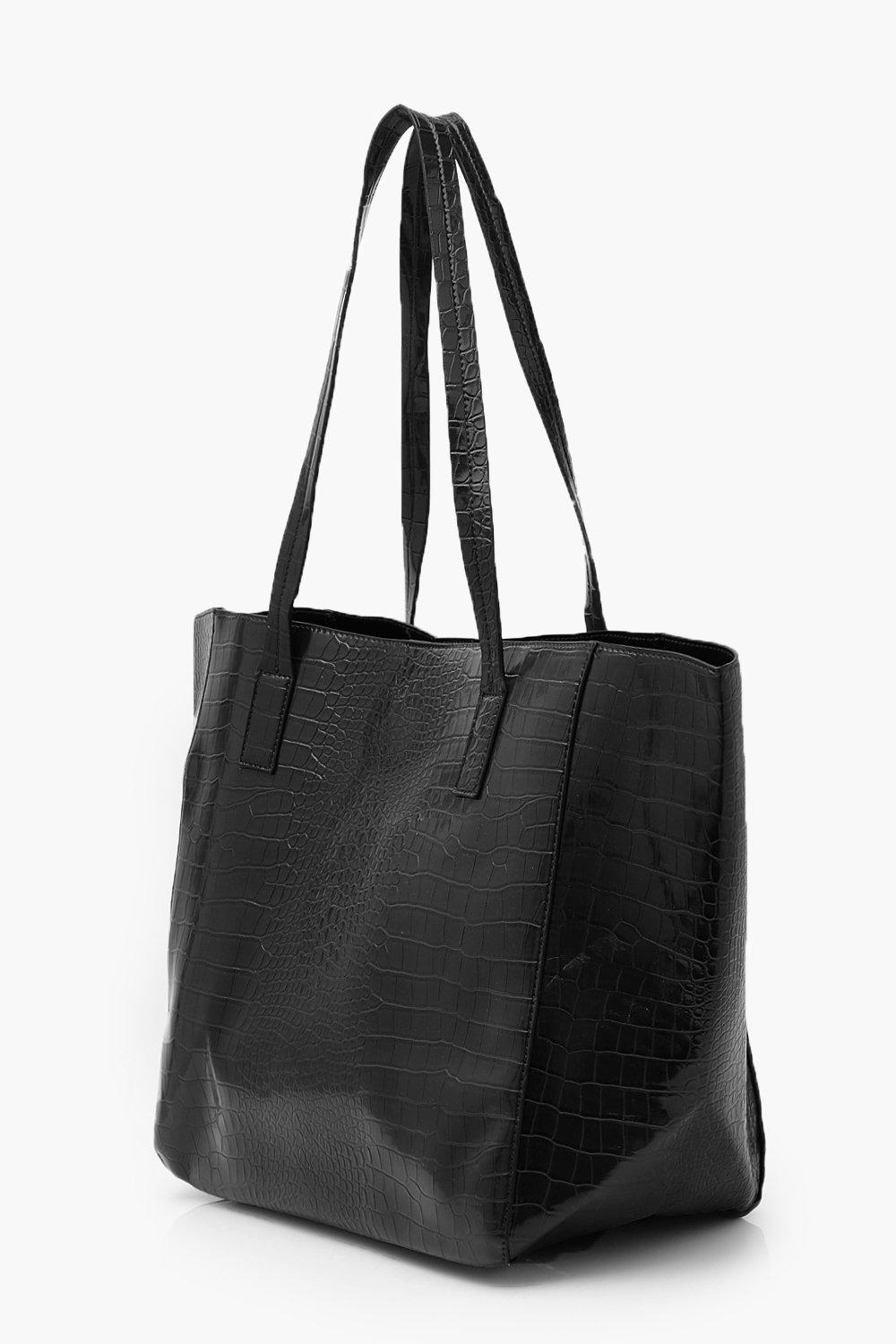 Womens Oversized Faux Leather Croc Tote Day Bag - Black One Size