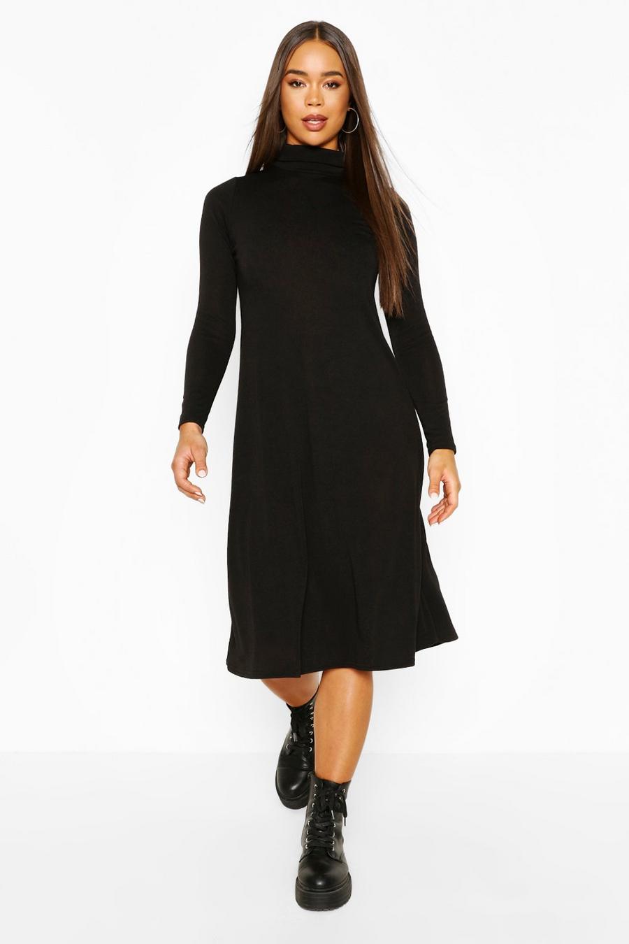 Black Soft Knit Midi Skater Dress image number 1