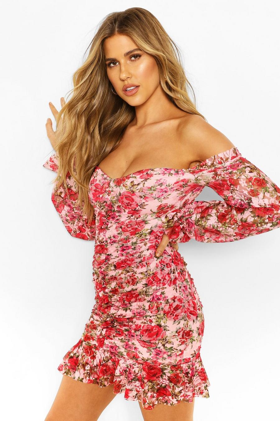 Pink Kort off shoulder-klänning i blommig mesh med rysch image number 1
