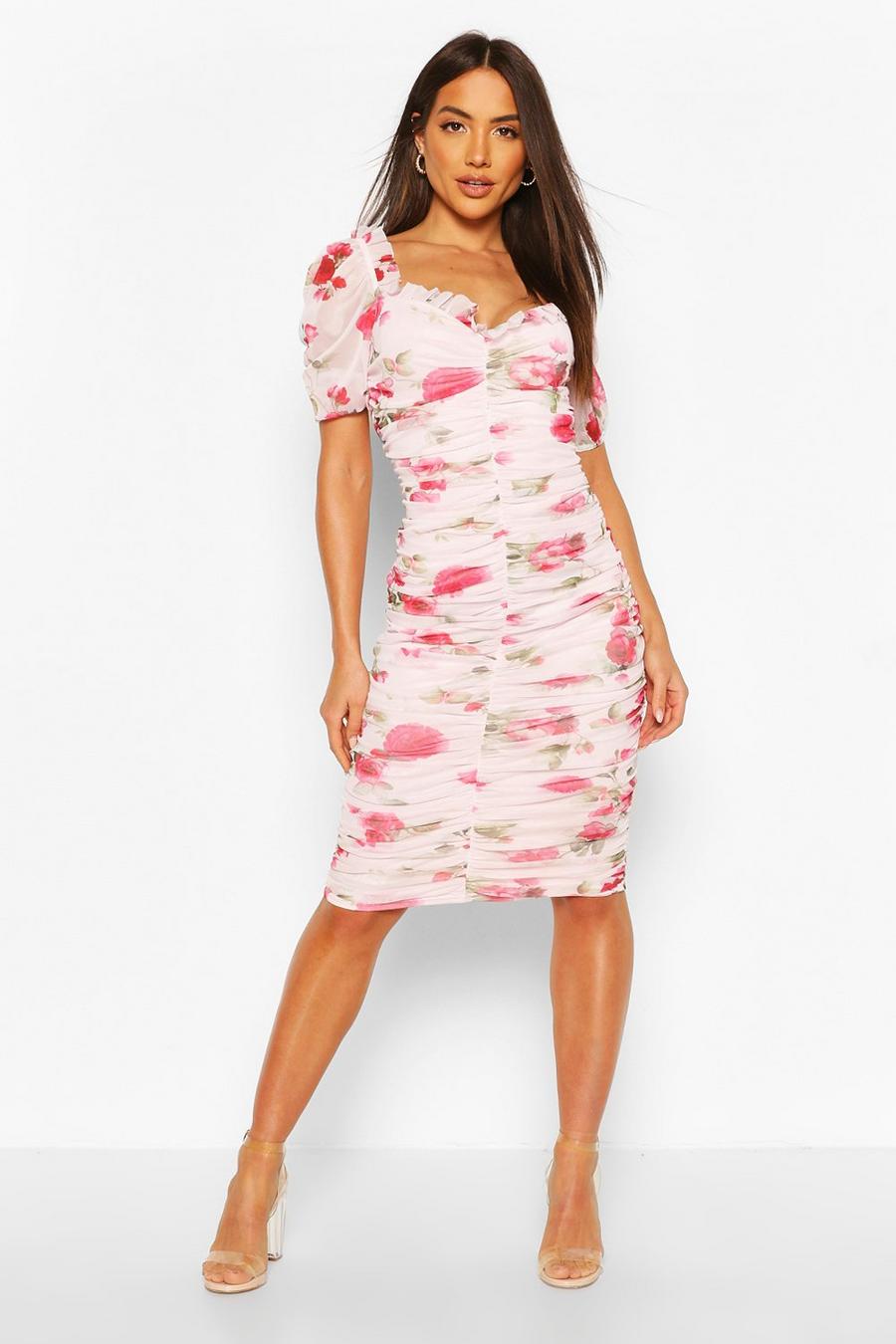 Women's Mesh Floral Long Sleeve Ruched Midi Dress | Boohoo UK