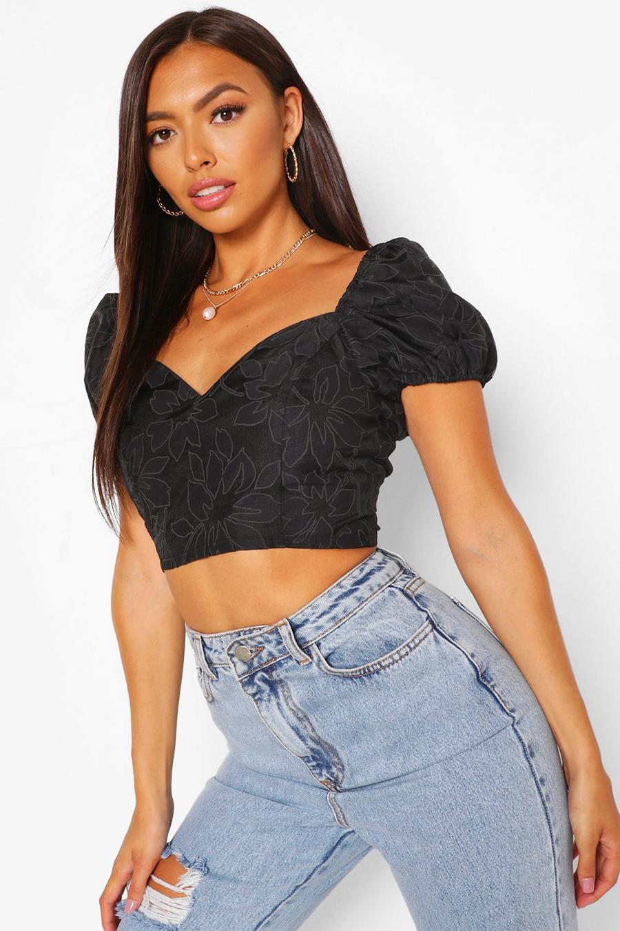 Embroidered Organza Puff Sleeve Crop Top image number 1
