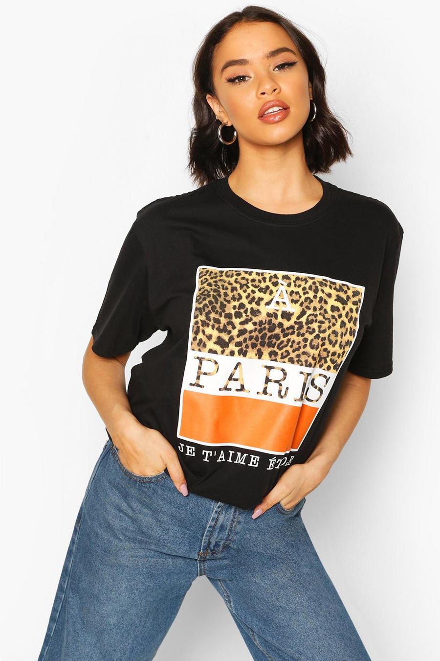 Black Paris Slogan Blocked Oversized T-Shirt image number 1