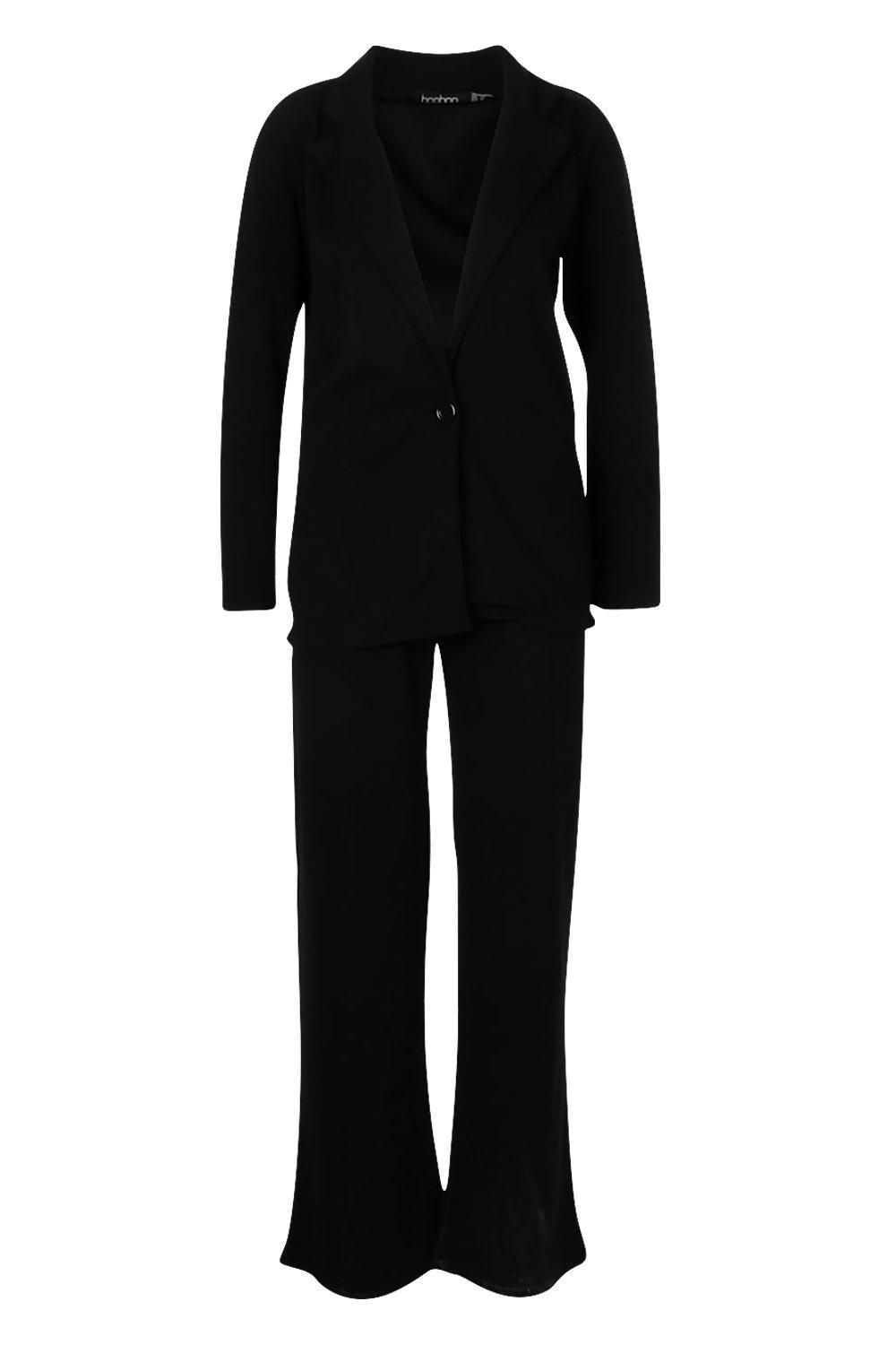 Black Formal Pant Suit Set for Women, Blazer Trousers Set, Wide