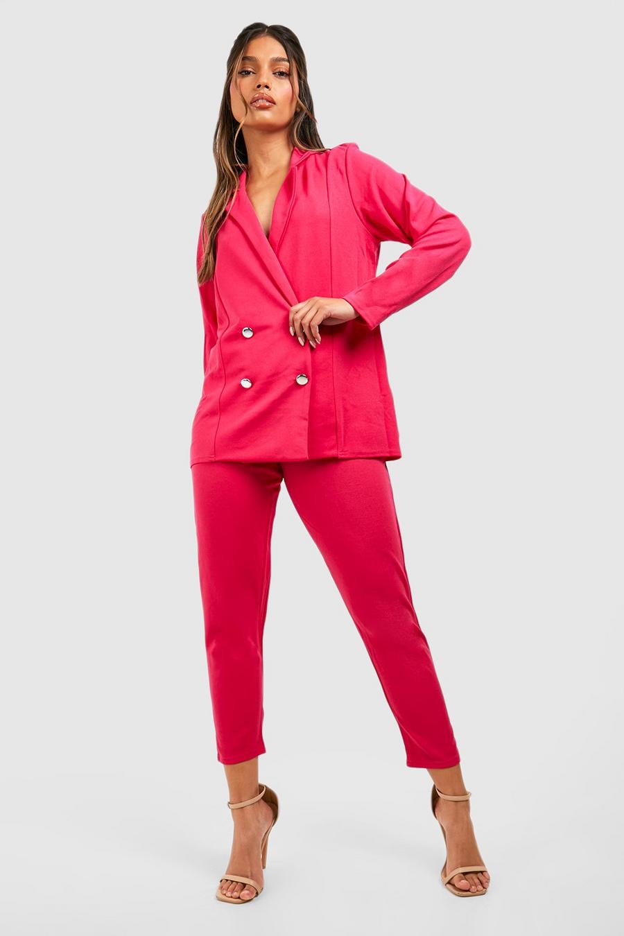 Hot pink Jersey Double Breasted Blazer And Pants Suit Set