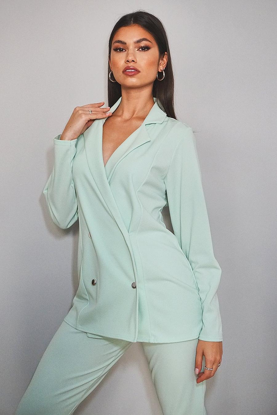 Mint Jersey Knit Double Breasted Blazer And Pants Suit Set image number 1