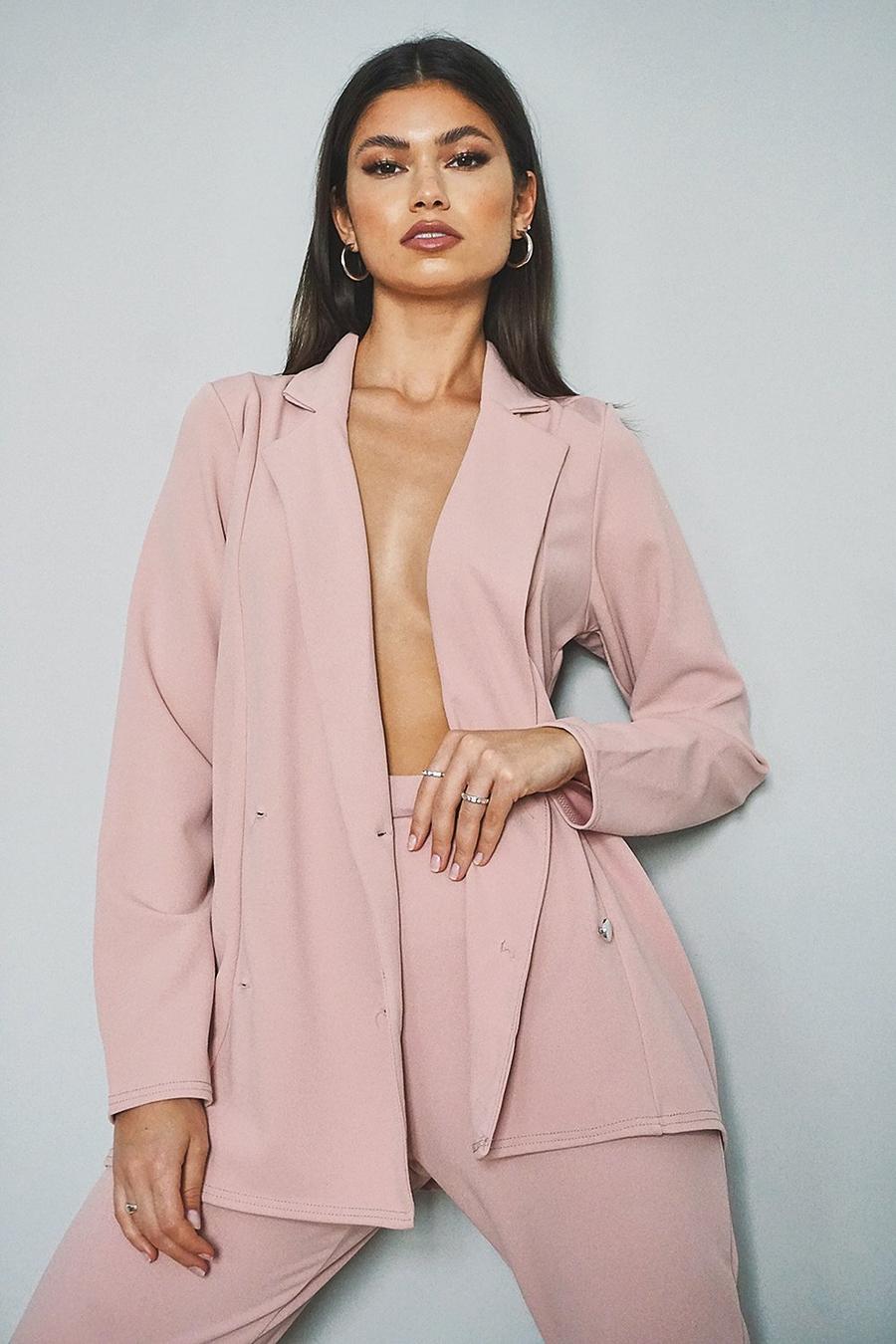 Pink Jersey Double Breasted Blazer And Trouser Suit Set image number 1