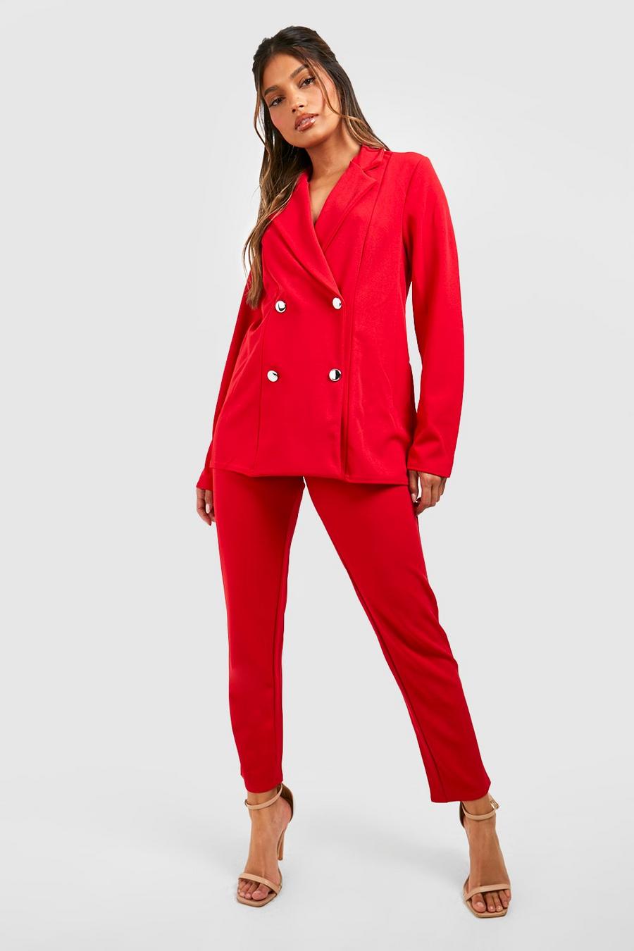 Red Jersey Knit Double Breasted Blazer And Pants Suit Set image number 1