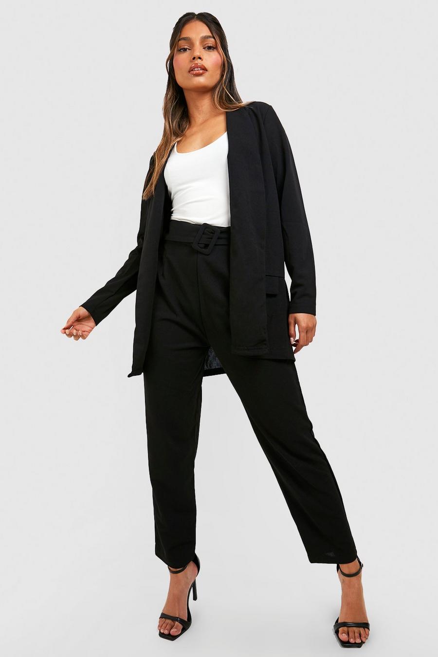 Black Tailored Blazer And Self Fabric Belt Pants Suit image number 1