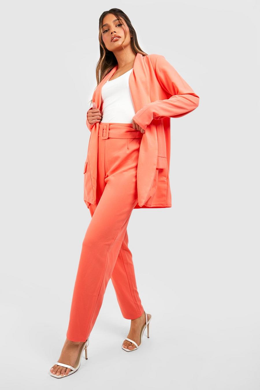 Coral rosa Tailored Blazer And Self Fabric Belt Trouser Suit
