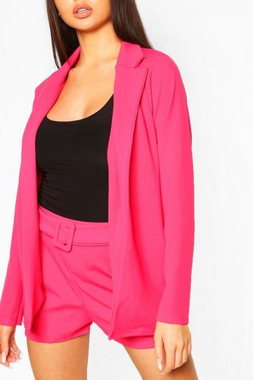 Blazer And Self Fabric Belt Short Suit Set hot pink