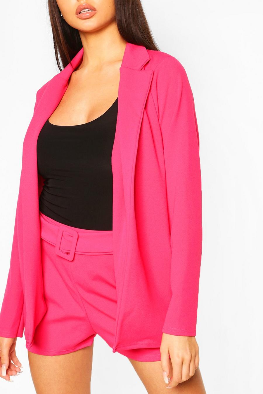 Hot pink Blazer And Self Fabric Belt Short Suit Set image number 1