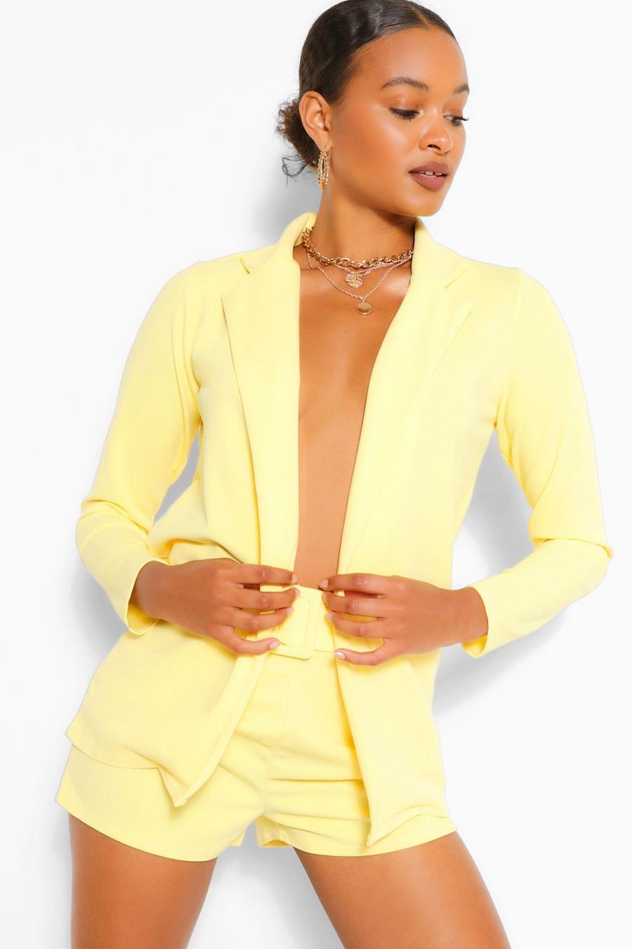 Yellow Blazer And Self Fabric Belt Short Suit Set image number 1