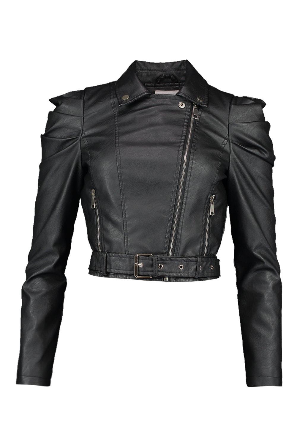 Leather jacket with puff shoulders best sale