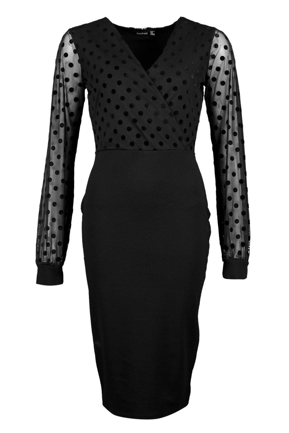 black polka dot mesh sleeve dress