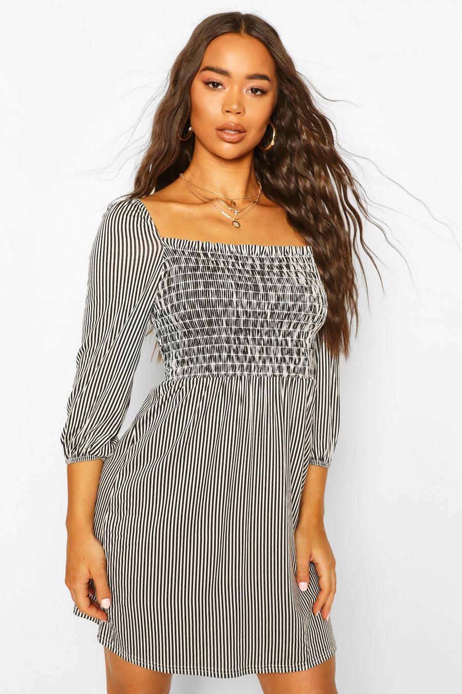 Shirred Front Striped Puff Sleeve Dress image number 1