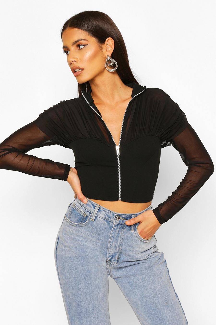 Zip Front Turtle Neck Top With Mesh Sleeves image number 1