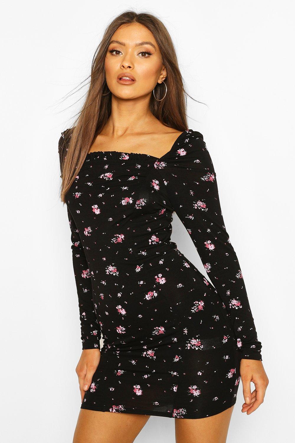 Missguided milkmaid mini dress store in black ditsy floral