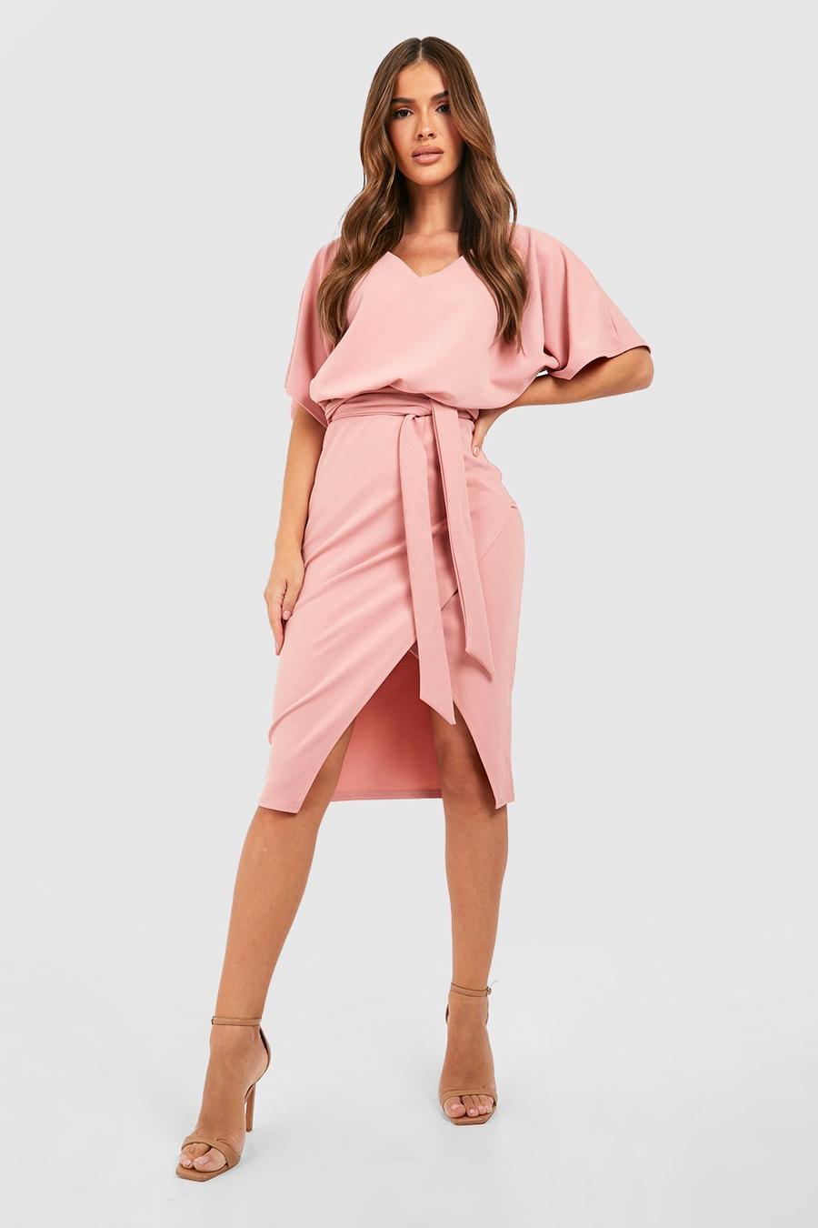 Blush rosa Midiklänning i kimonomodell med knytskärp image number 1
