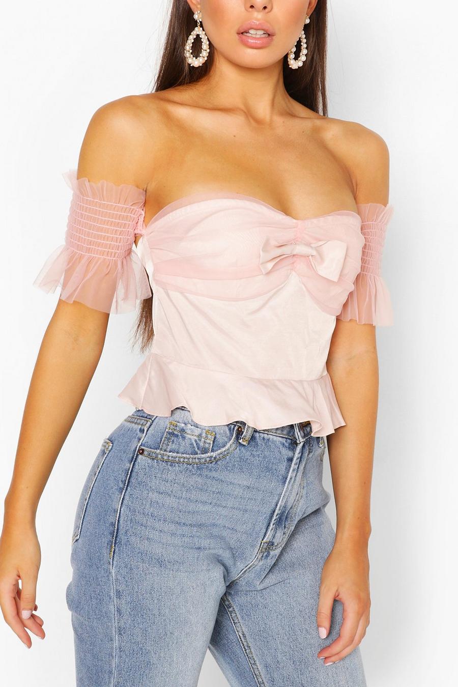 Blush Bow Ruffle Off The Sleeve Woven Top image number 1