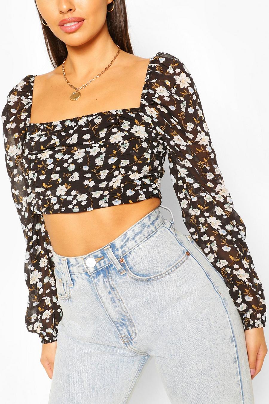 Black Woven Ditsy Ruched Crop Top image number 1