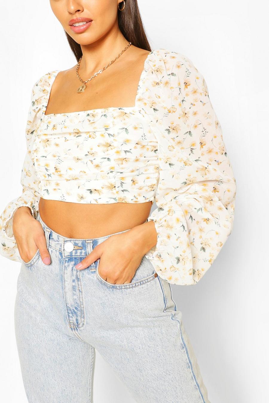 Ivory Woven Ditsy Ruched Crop Top image number 1