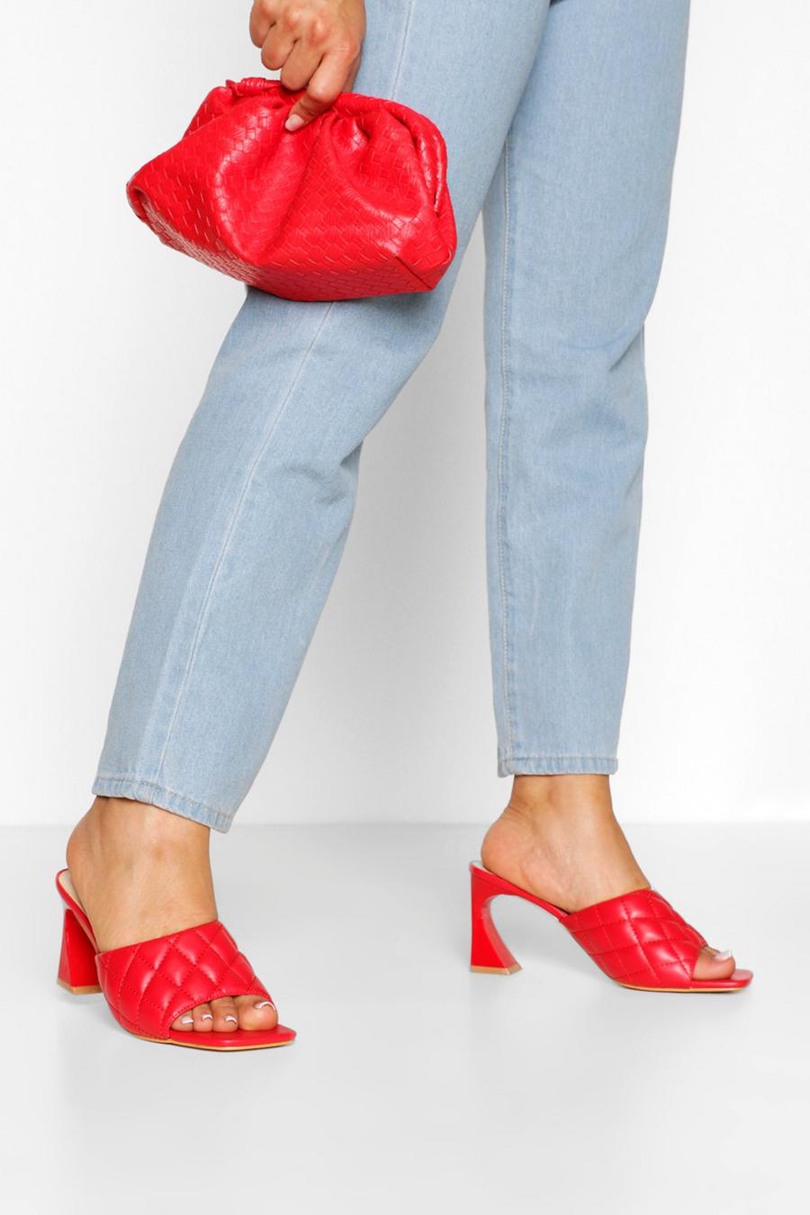Red Quilted Square Toe Low Heel Mules image number 1