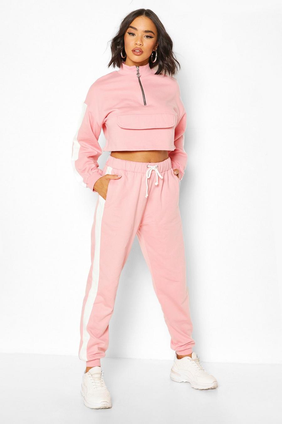 Pink Zip Front Crop Sweatshirt & Jogger Set image number 1