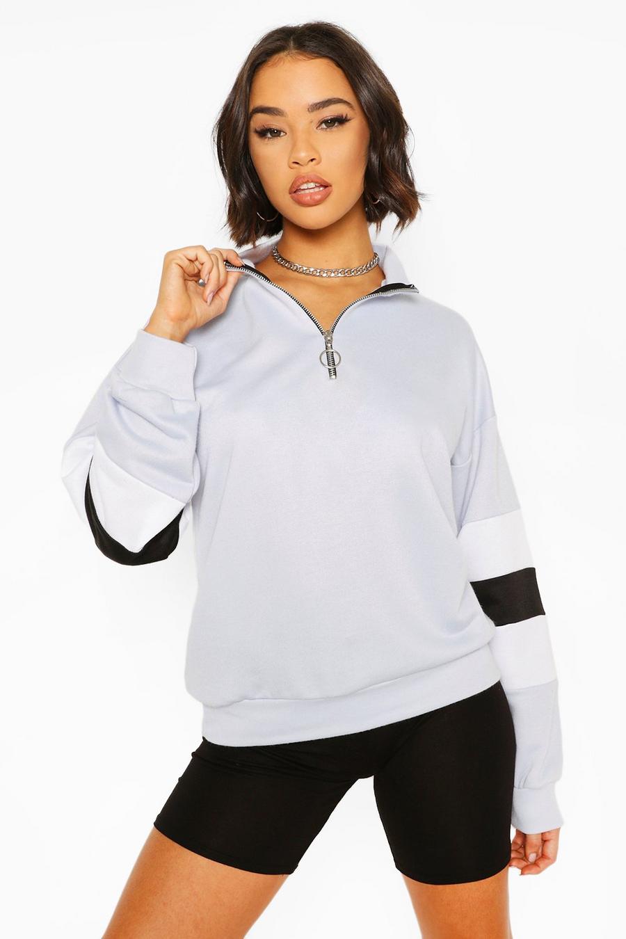 Blue Color Block Sleeve Zip Neck Crop Sweatshirt image number 1