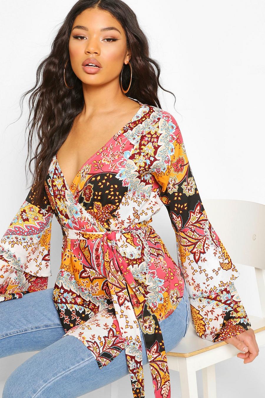 Paisley Wrap Tie Waist Frill Sleeve Blouse image number 1