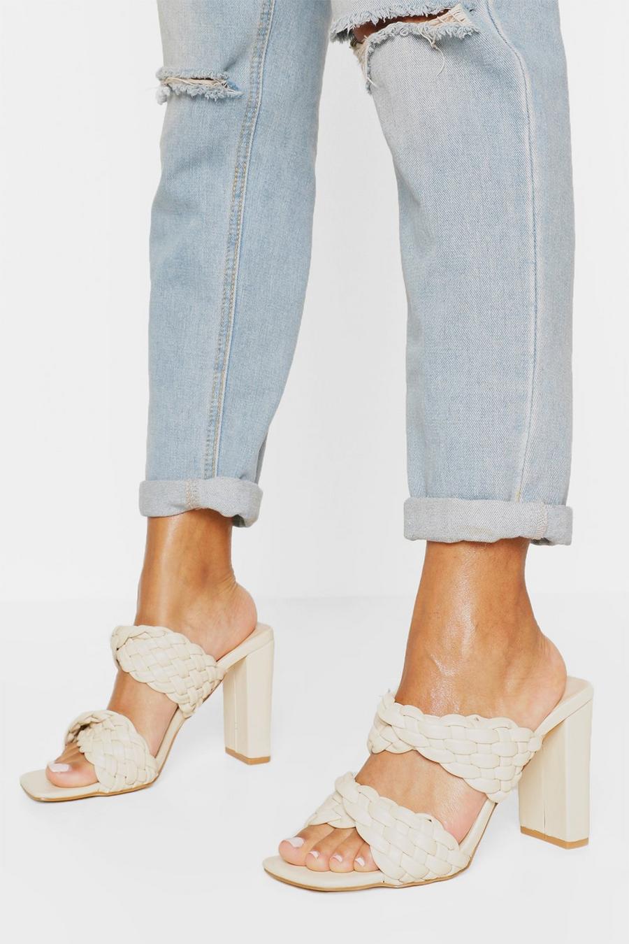 Cream Woven Double Strap Block Heel Mules image number 1