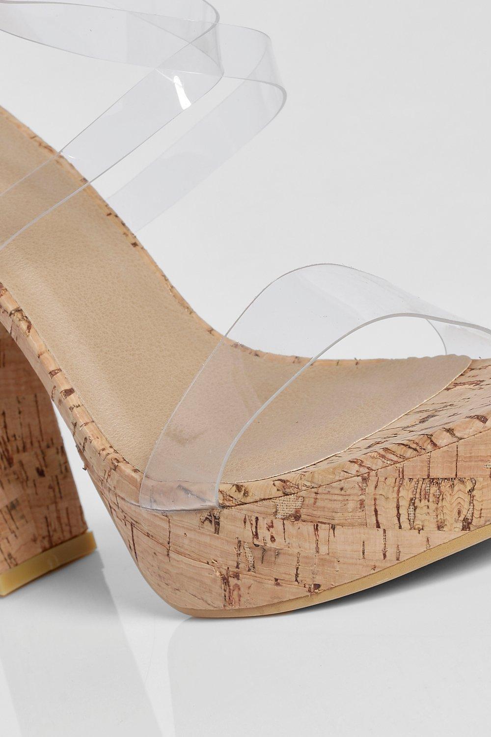 Clear Cross Strap Cork Block Heels