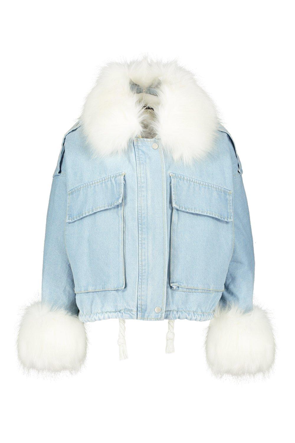 Faux Fur Collar Cuff Oversized Denim Jacket