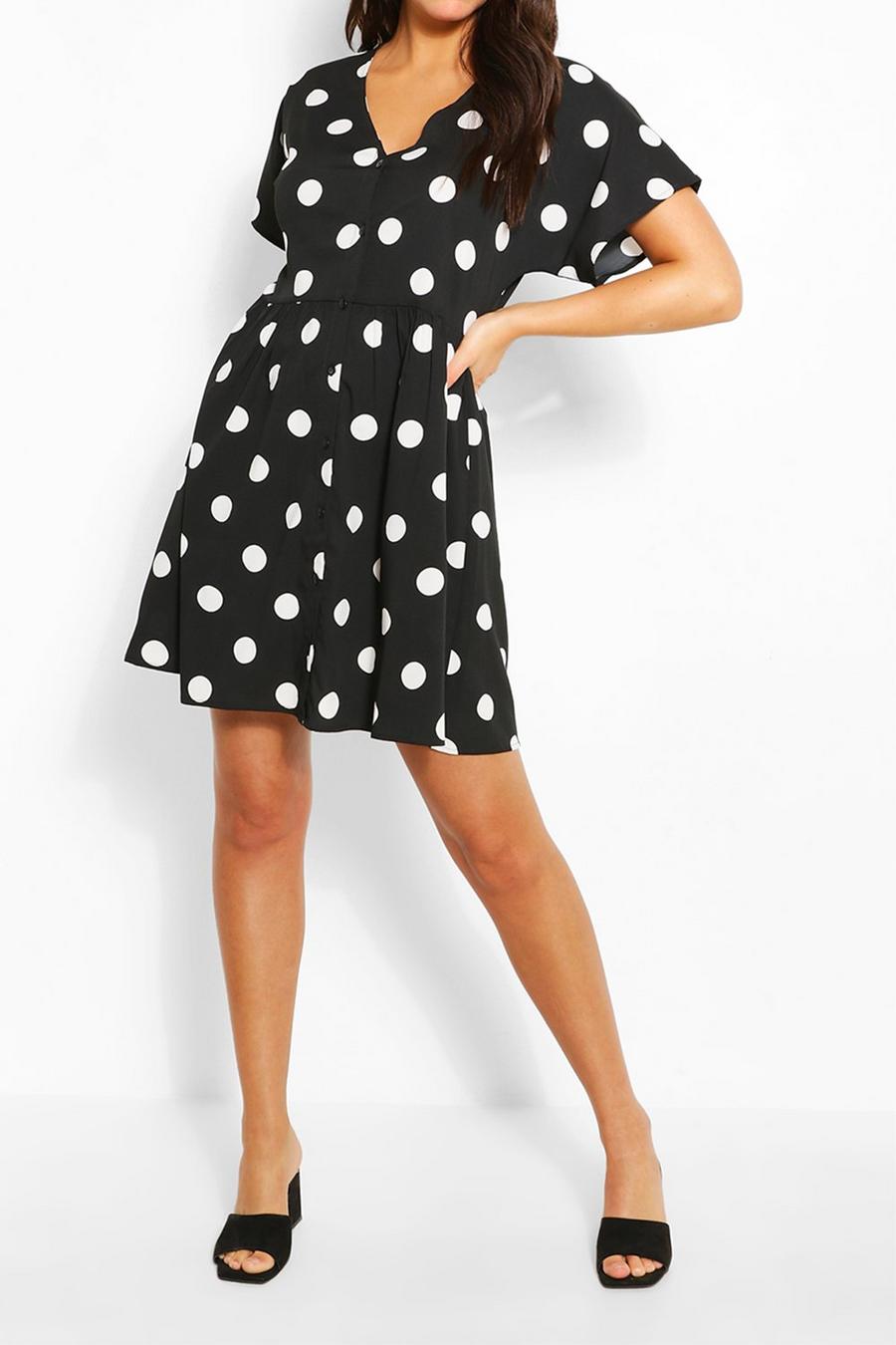 Black Large Scale Spot Button Through Smock Dress image number 1