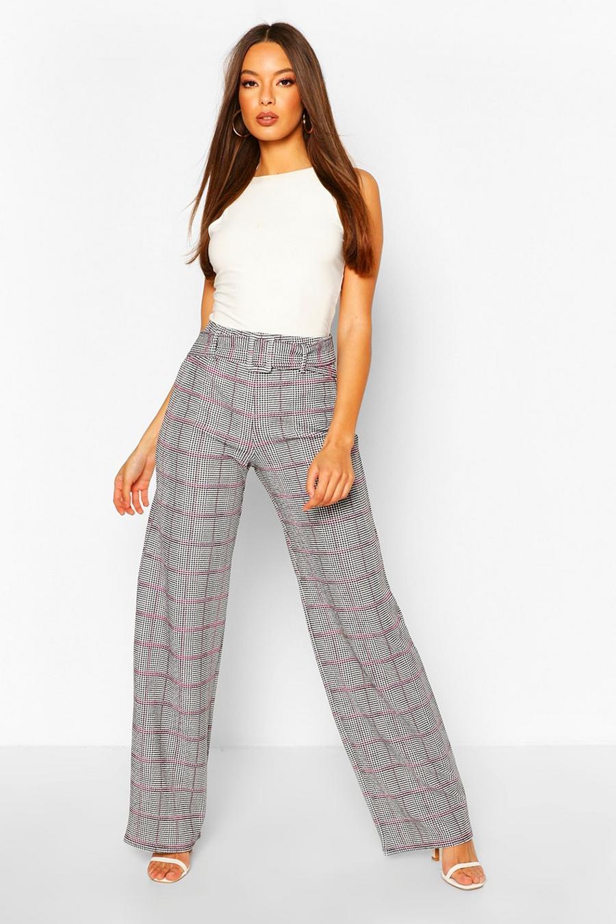 Black Pastel Pink Dogtooth Belted Wide Leg Trousers image number 1