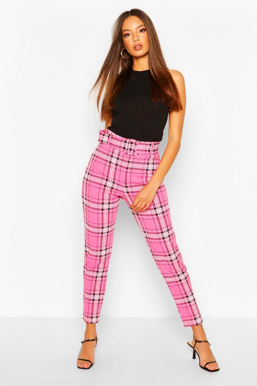 Pantaloni skinny a quadri rosa con cintura image number 1