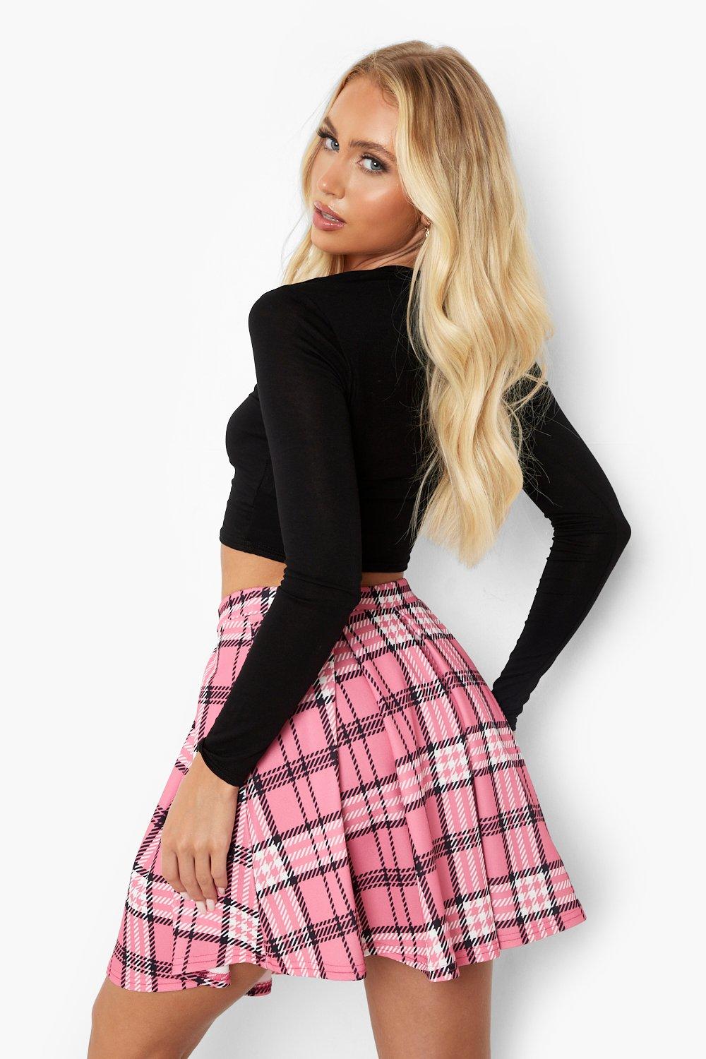 Women s Pink Check Pleated Tennis Skirt Boohoo UK