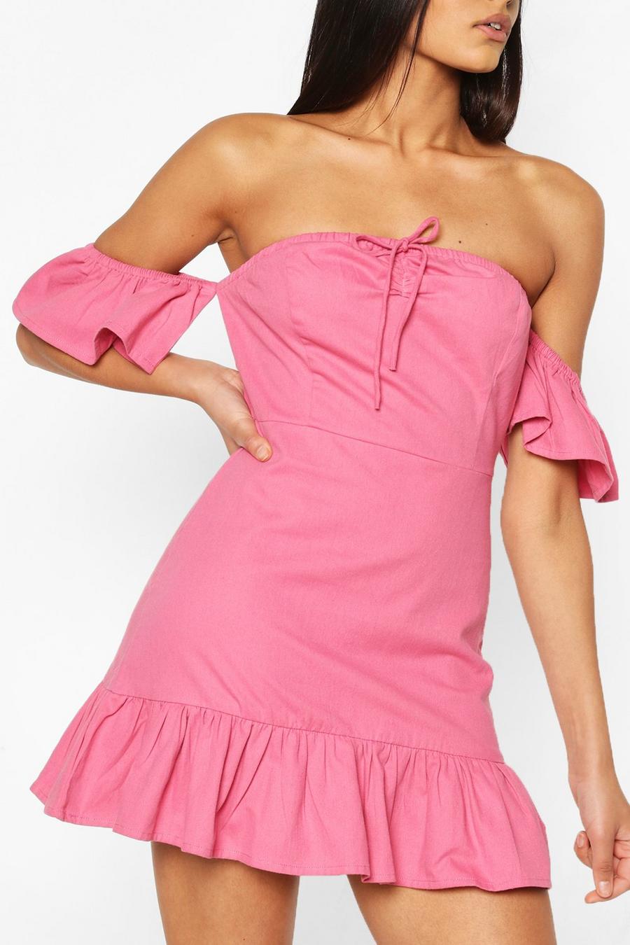 Rose pink Tie Detail Bardot Frill Denim Dress image number 1
