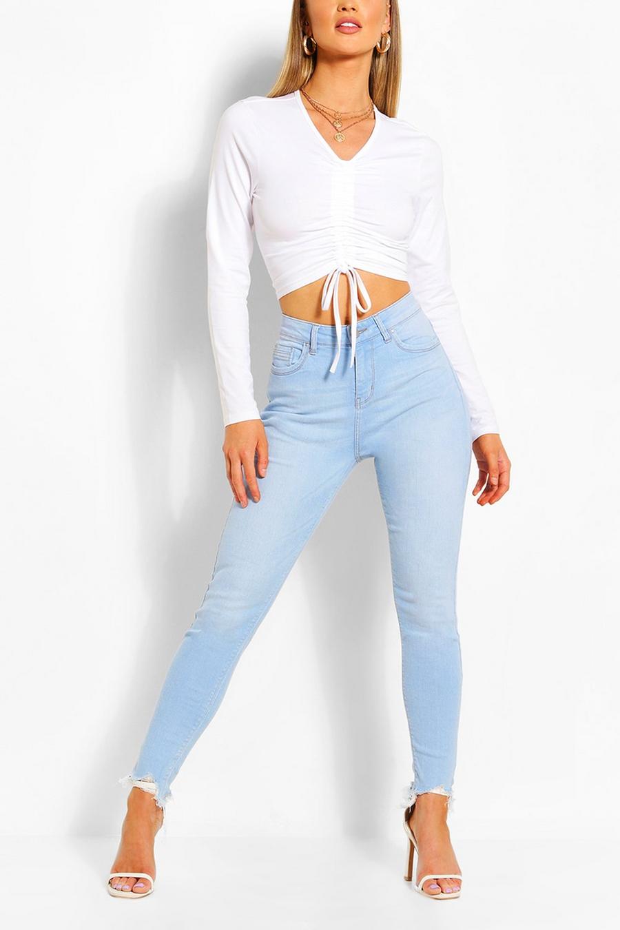 Bleach wash Skinny jeans med stretch, hög midja och fransig kant image number 1