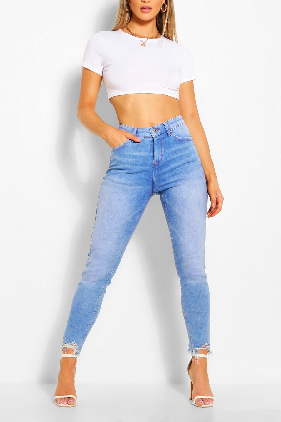 Bright blue Skinny jeans med stretch, hög midja och fransig kant image number 1