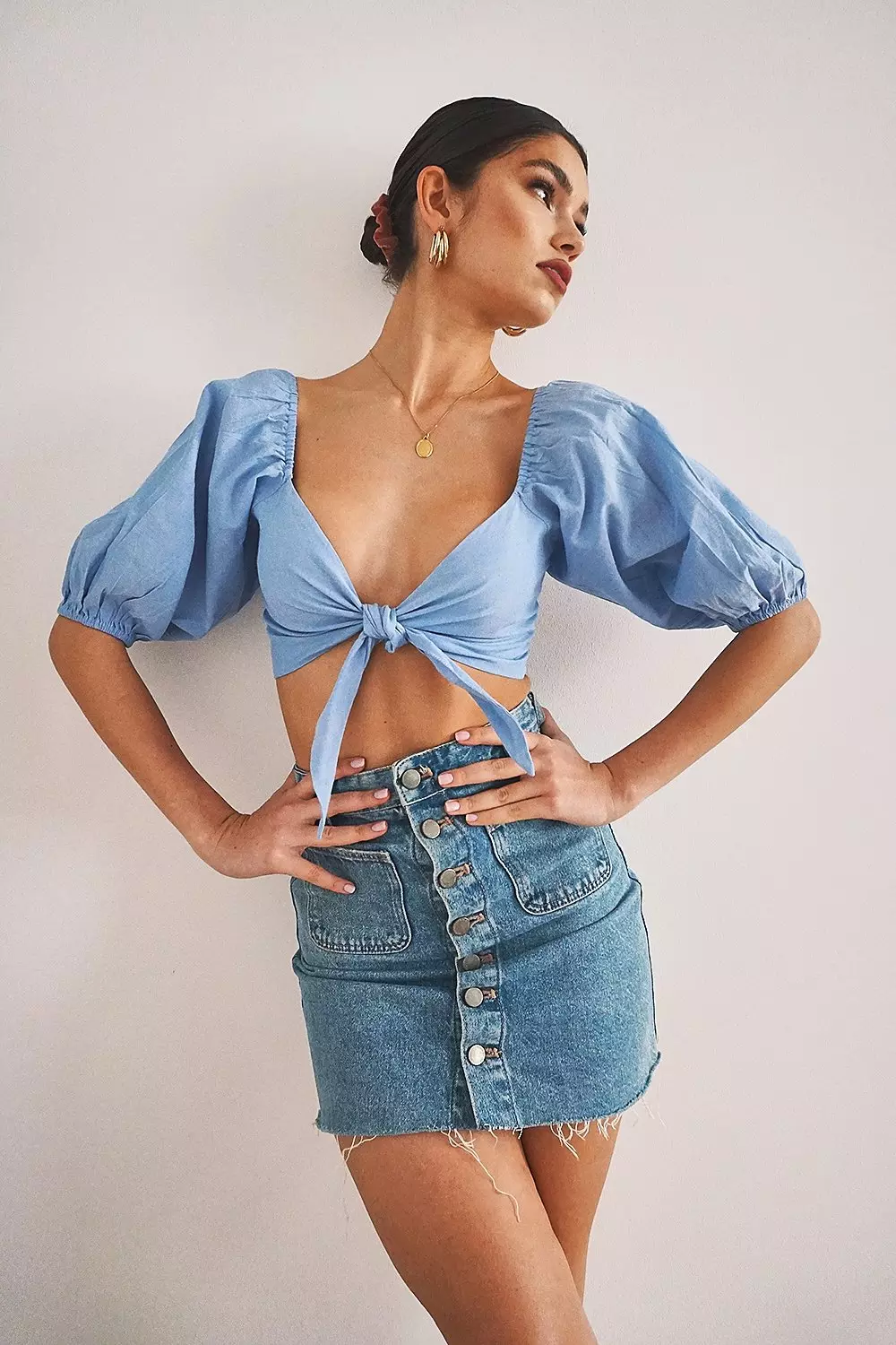 Tie Front Puff Sleeve Top