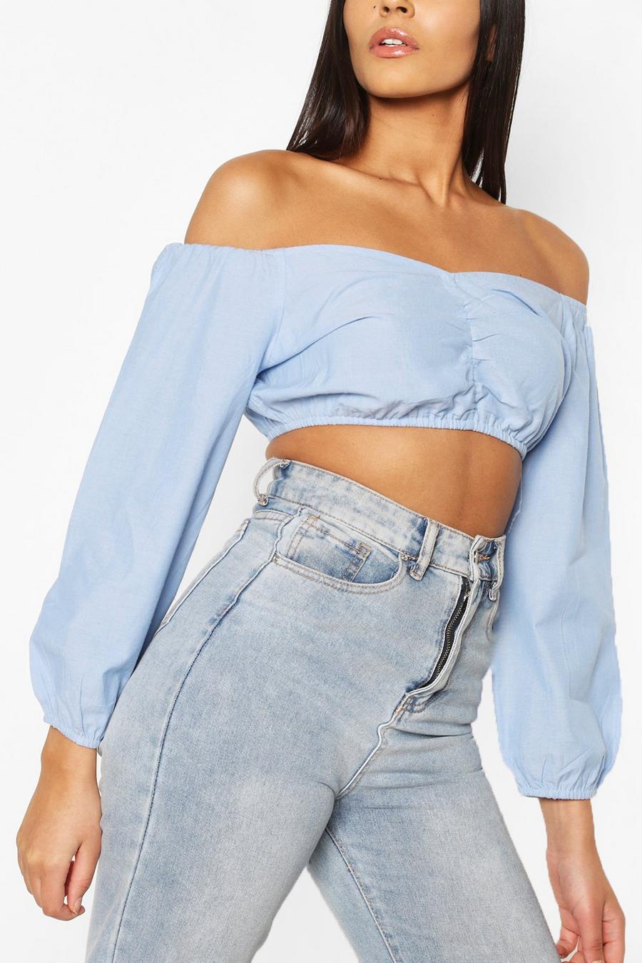 Blue Gathered Front Balloon Sleeve Denim Crop Top image number 1