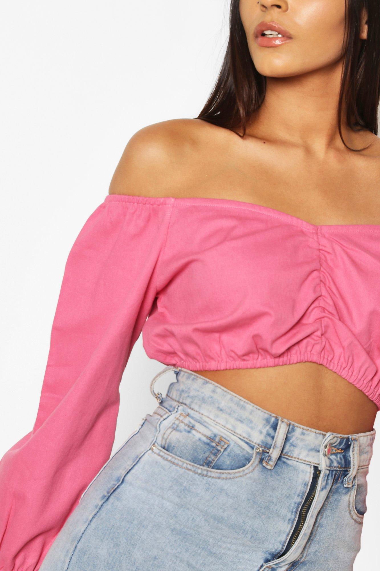 Gathered Front Balloon Sleeve Denim Crop Top