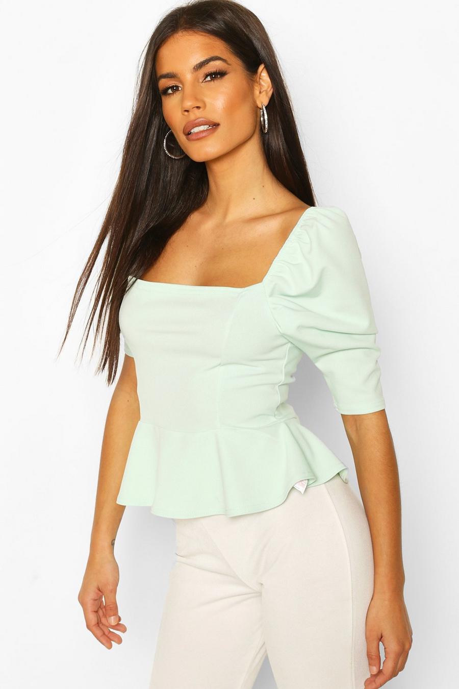 Mint Puff Sleeve Square Neck Peplum Top image number 1